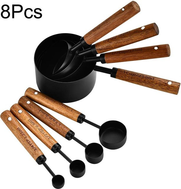 Zoseil Home Messbecher Löffel Set aus Edelstahl mit Holzgriff in Schwarz, 8 Stück - Bild 1