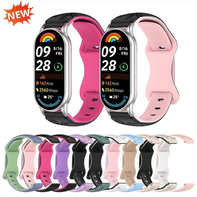 CAOWTAN Silikon Smart Armband mit Blumen-Gravur für Xiaomi Mi Band 9 und Mi Band 8 in Pink und Weiß - Bild 1
