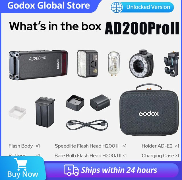 Godox AD200PRO II Taschenblitz Schwarz mit TTL HSS und 2.4G Kompatibilität für Nikon Canon Sony Fuji Olympus - Bild 1