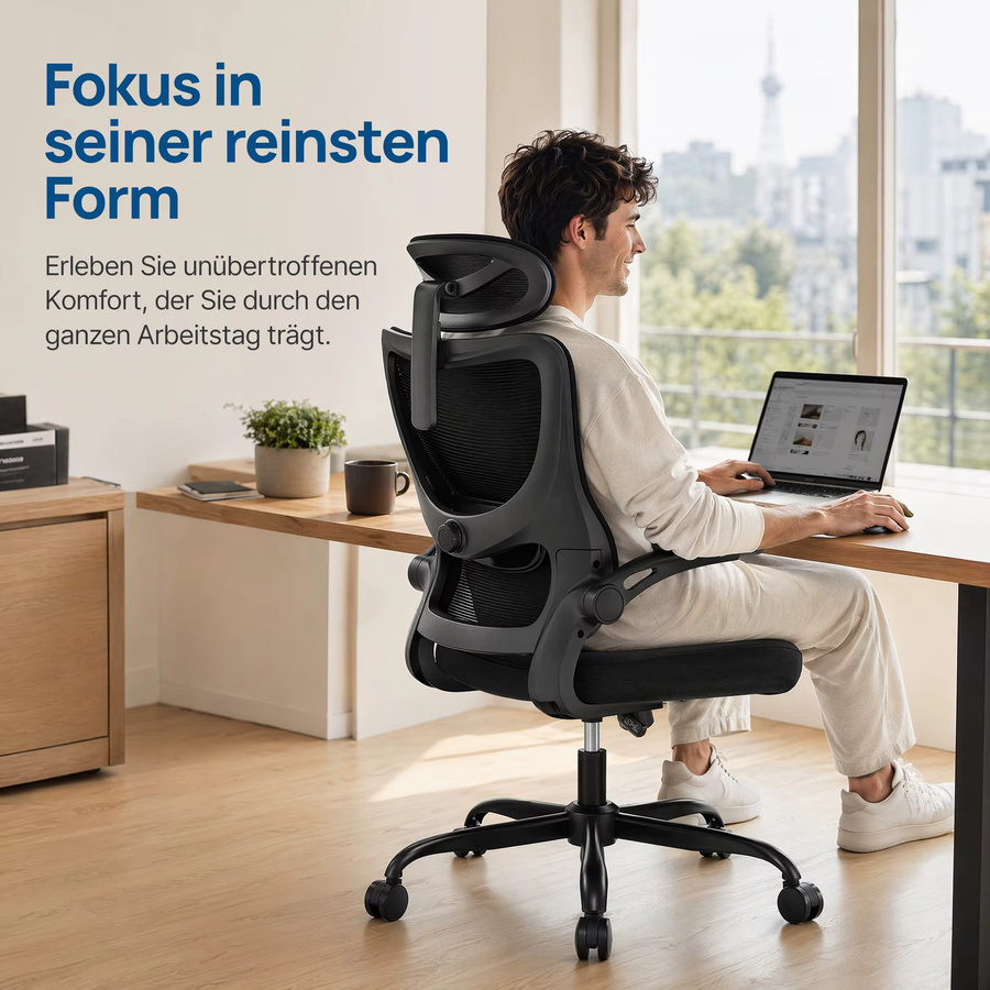 Ergonomischer Bürostuhl Marsail in Schwarz mit 2D-Kopfstütze, 3D-Armlehnen und verstellbarer Lendenwirbelstütze für Home-Office und Computerarbeit bis 150 kg - Bild 4