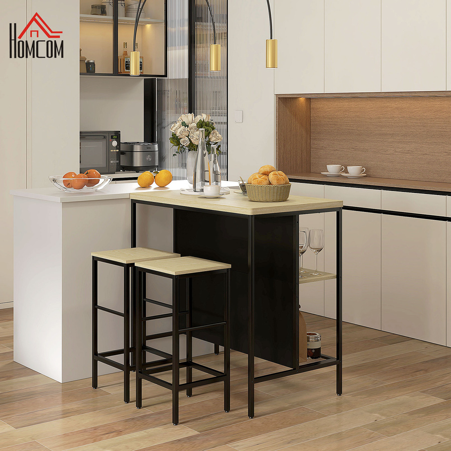 HOMCOM Bartisch Set 3-tlg. Moderne Essgruppe aus Stahl und Eiche in Braun mit Küchentisch und 2 Barhockern - Bild 2