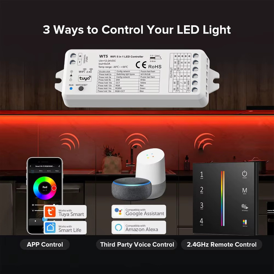 CENFAYA Smart LED-Streifen Controller Kit mit Tuya WIFI, RGBCCT Dimmer für DC12V 24V, 5 Kanäle, 4-Zonen Steuerung, Wandmontiertes Touch-Panel und RF 2.4G Fernbedienung - Bild 2