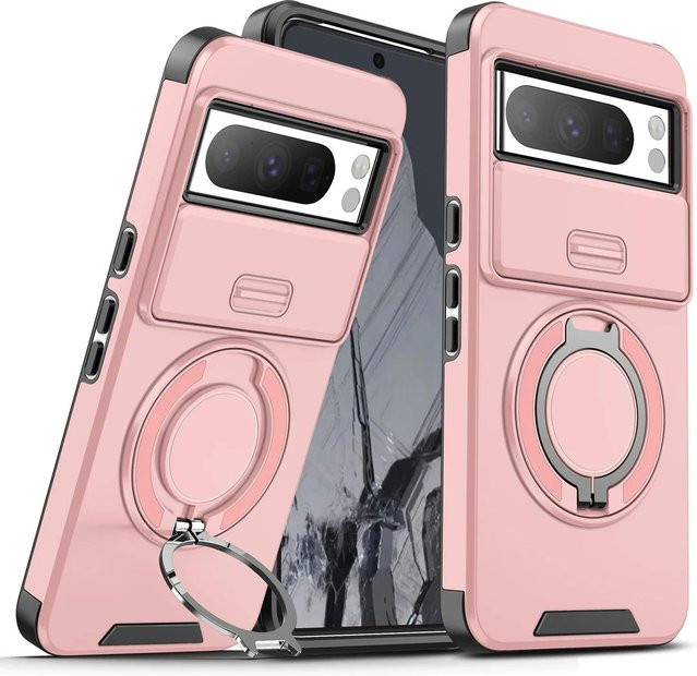 Stoßfeste Hybrid Dual Layer Handyhülle mit magnetischem Metallring und Kameraobjektiv-Schutz für Google Pixel 9 8 Pro XL 7 8A in Rosa - Bild 1