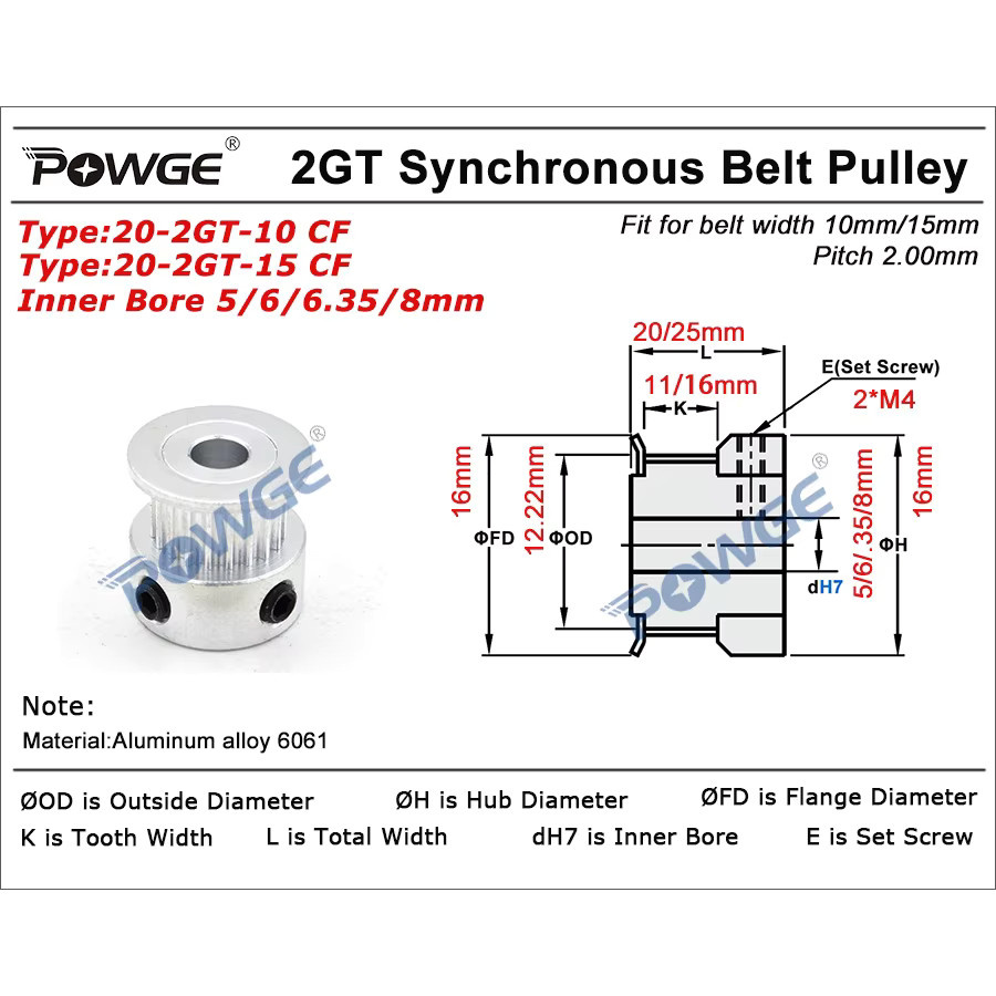 POWGE Zahnriemenscheibe 20 Zähne 2GT 2MGT für Synchronriemen mit Riemenbreite 10 mm oder 15 mm und Bohrung 5/6/6,35/8 mm - Bild 5