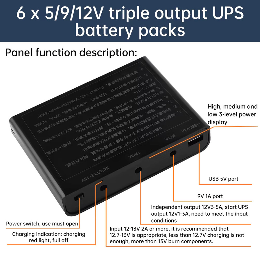 Lötfreier 18650-USV-Batteriekasten in Schwarz mit mehreren Ausgängen für 12 V, 9 V und 5 V, 60 W DC-Backup-Stromversorgung für Router und Überwachungskameras ohne Batterie - Bild 2