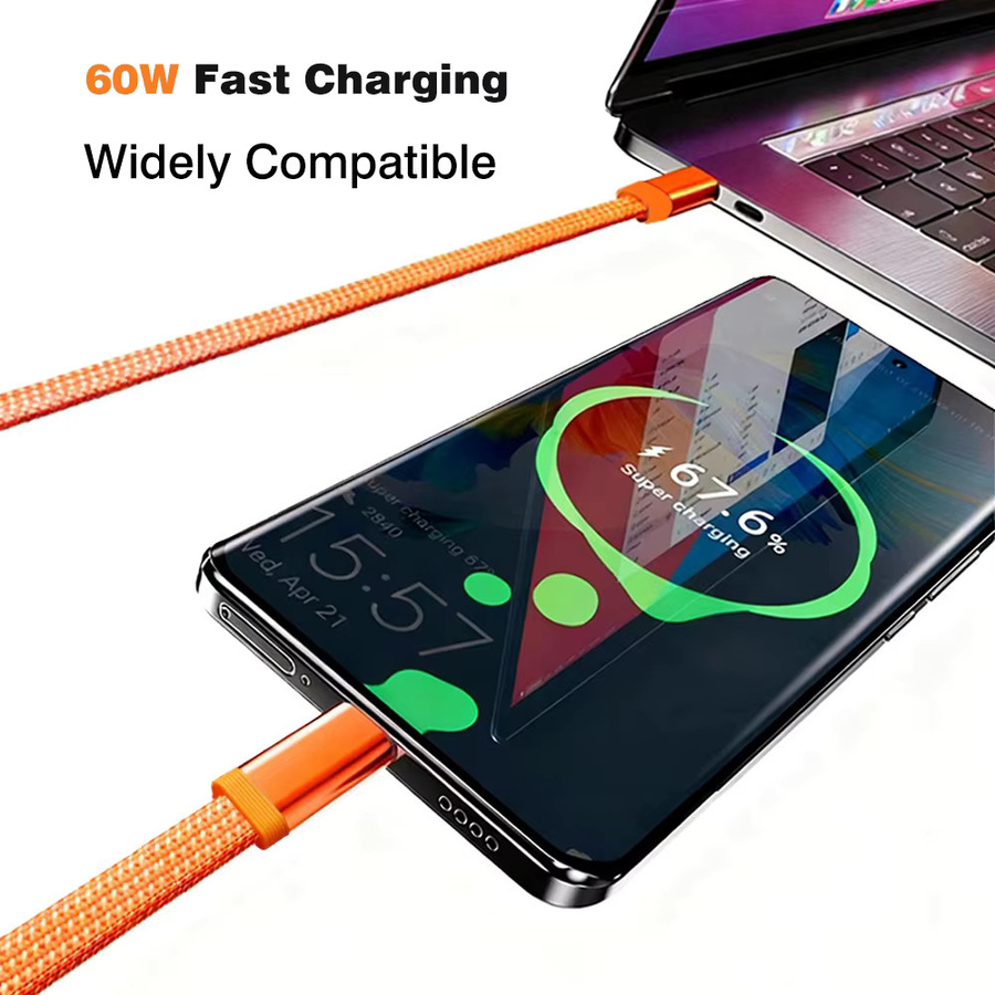 UGOURD USB-C auf USB-C Schnellladekabel 60 W mit 3A für iPhone, Samsung, Huawei und Xiaomi in Orange oder Blau - Bild 2
