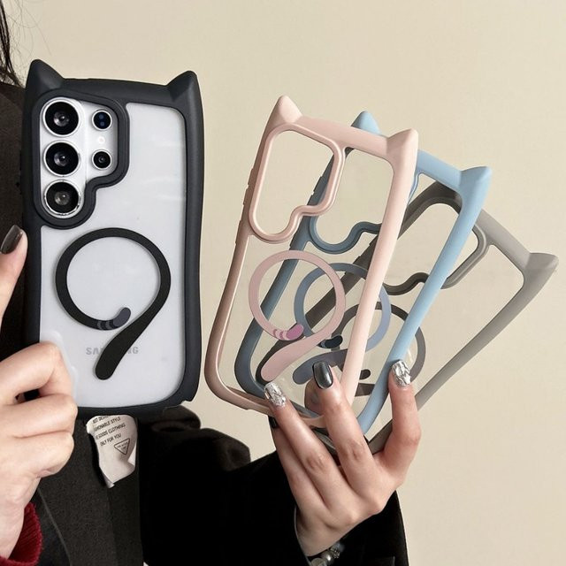 Transparente Handyhülle mit Katzenohren für Samsung Galaxy S26 Edge Ultra, S25, S24 und S23 mit magnetischer Abdeckung und kabelloser Ladefunktion in Transparent und Grau - Bild 1