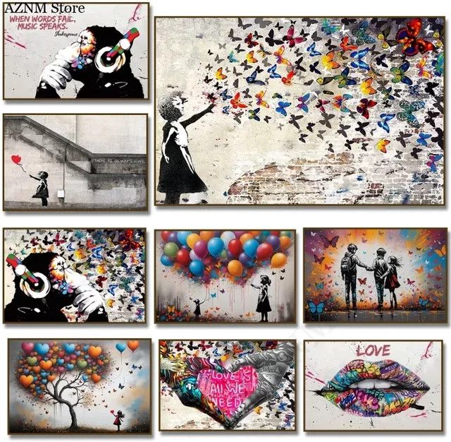 Potdemiel Leinwandgemälde Banksy Girl mit bunten Herz-Luftballons, Lippen, Affe und Schmetterling in Multicolor - Bild 1
