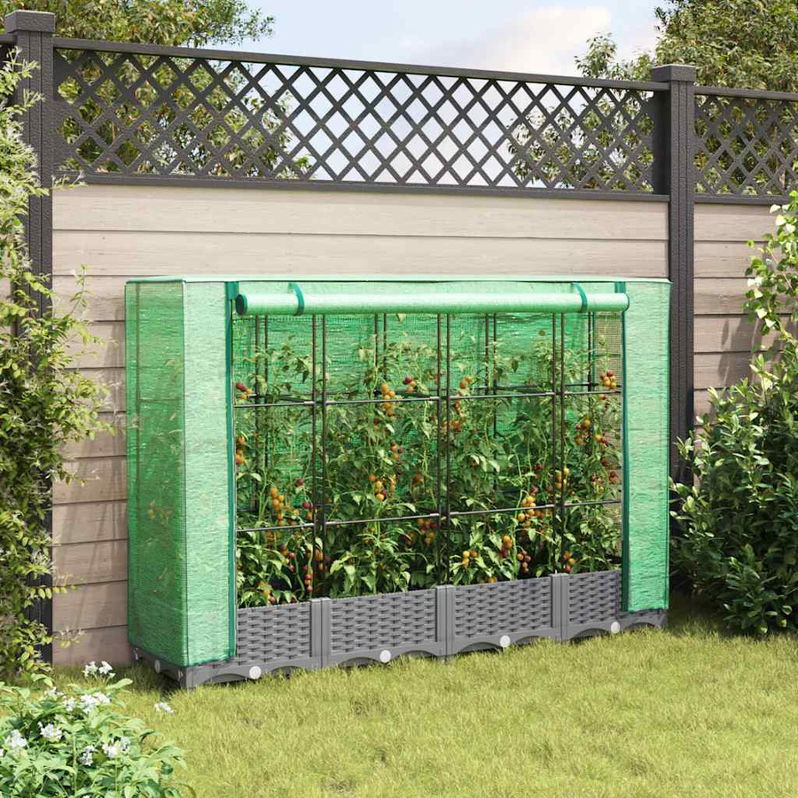 vidaXL Hochbeet mit Gewächshaus-Aufsatz und wasserfester Abdeckung in Hellgrau Rattan-Optik, B/T/H: 160 x 40 x 123 cm - Bild 4