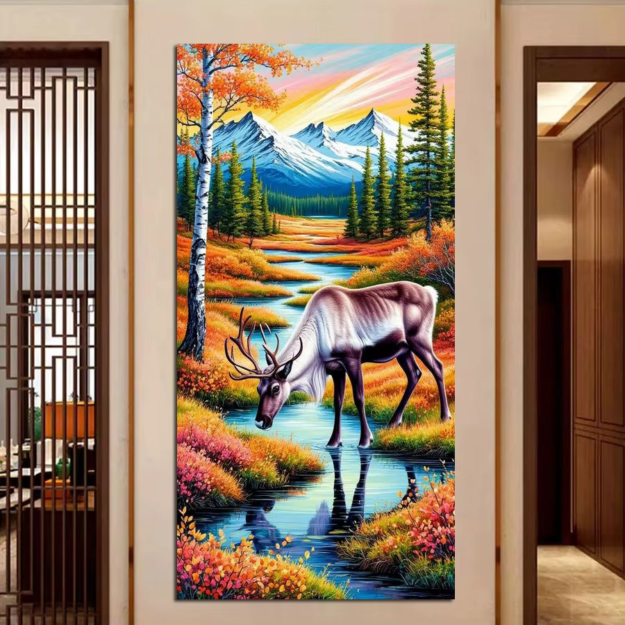 5D DIY Diamantmalerei Set Elch in Herbstlandschaft mit runden Bohrern, Mosaik Stickerei Bild in Mehrfarbig, Breite: 60 cm, Höhe: 30 cm - Bild 2