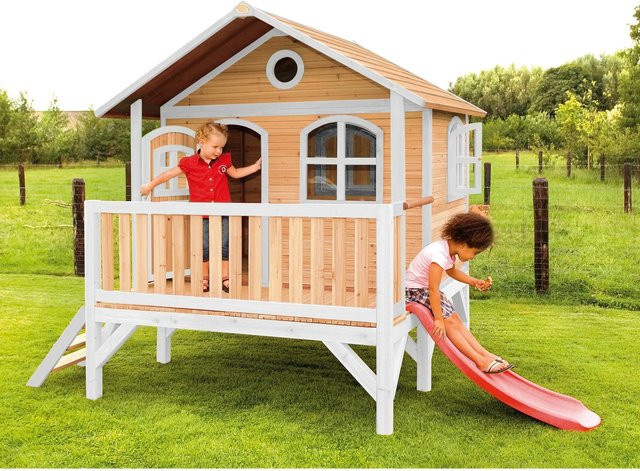AXI Spielturm Stef aus Holz in Braun und Weiß mit roter Rutsche, B/H/T: 349 x 233 x 212 cm - Bild 1