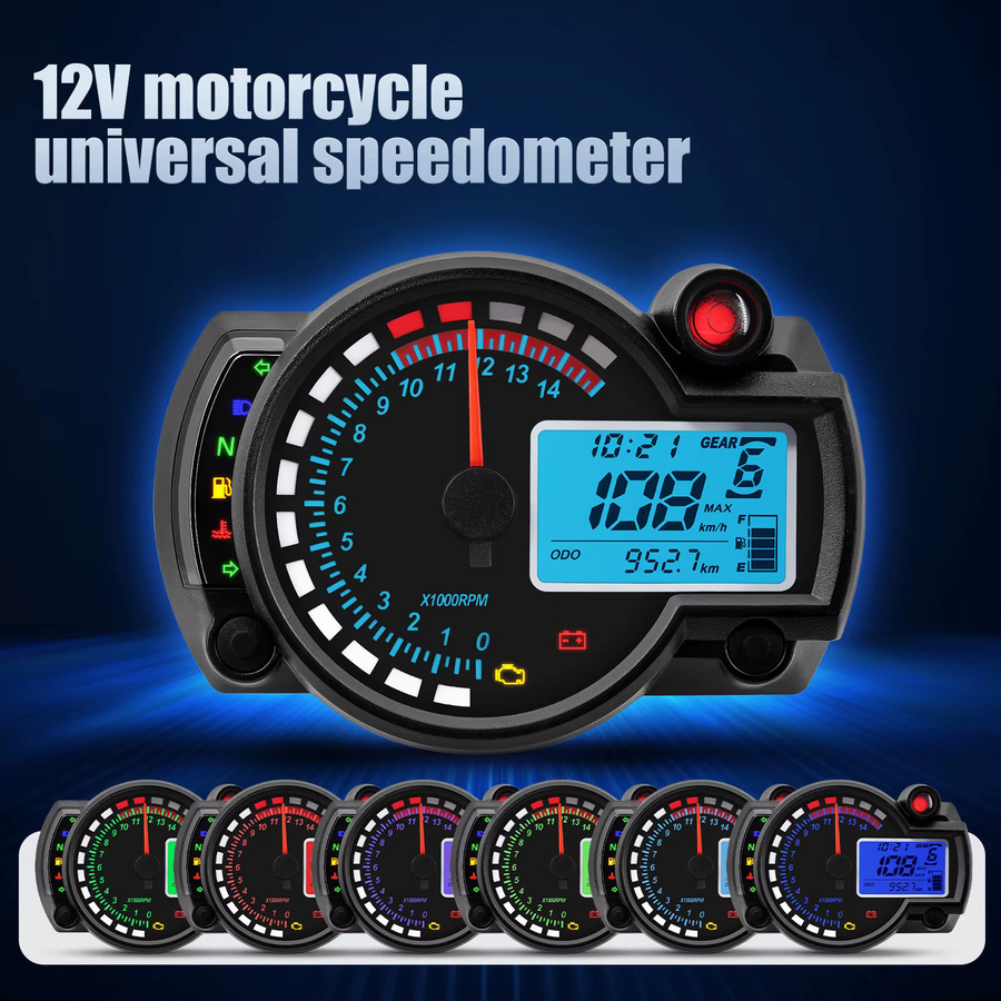 MAIMEIMI Motorrad Universal Digital Tachometer 12V mit Sicherheitsalarm, LED LCD Wassertemperaturanzeige und N Gang Anzeige in Schwarz - Bild 3