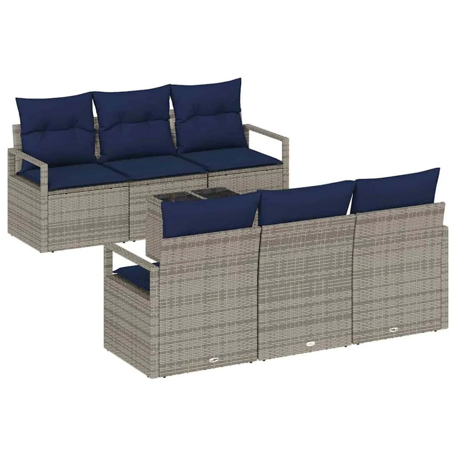 vidaXL 7-teiliges Lounge-Sofa Set aus Poly Rattan in Grau und Marineblau mit Kissen und Tisch - Bild 2