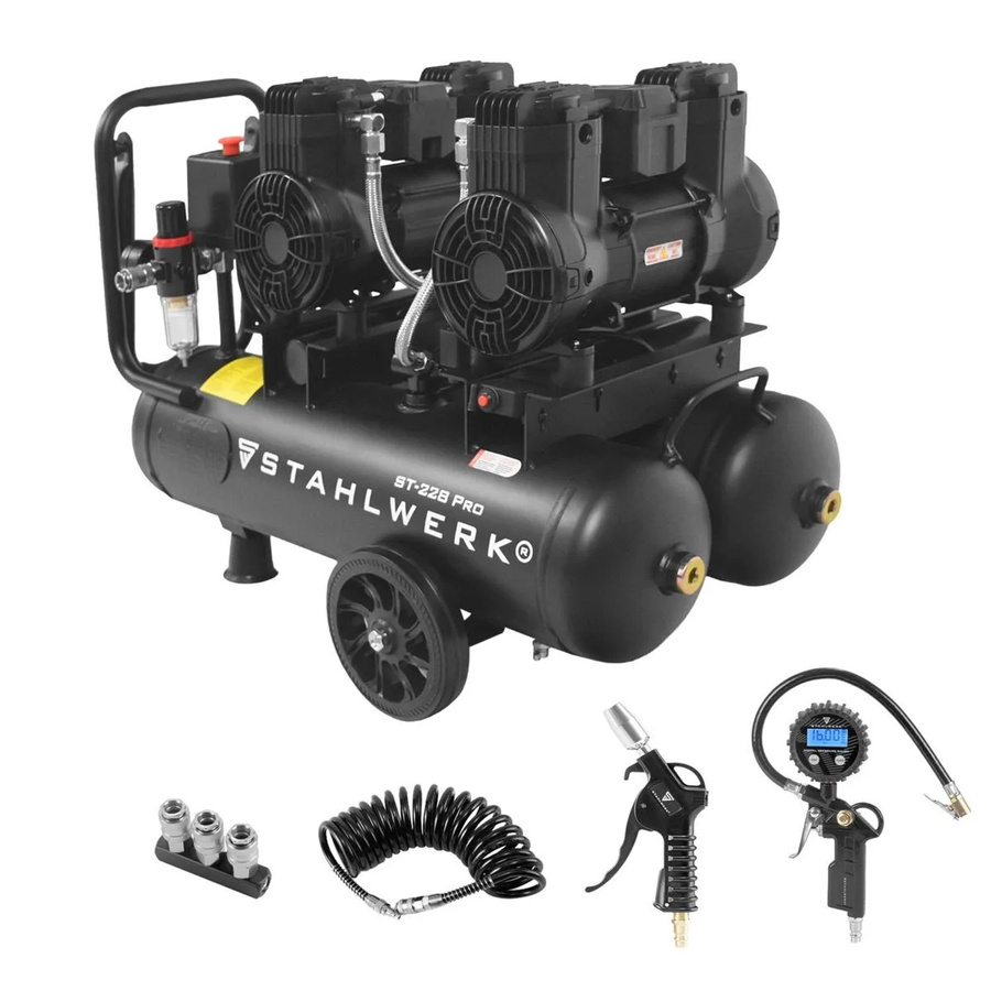 STAHLWERK Kompressor Set mit 8 Bar und 22 l Tank in Schwarz inklusive Reifenfüller, Schlauch, Pistole und Verteiler - Bild 2