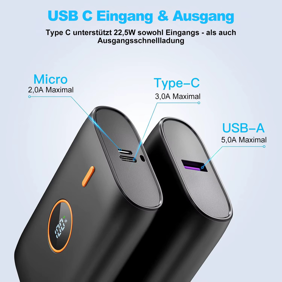 Hagnus Powerbank 10000 mAh mit 22,5 W Schnellladung und USB-C Eingang sowie Ausgang in Orange oder Schwarz - Bild 3