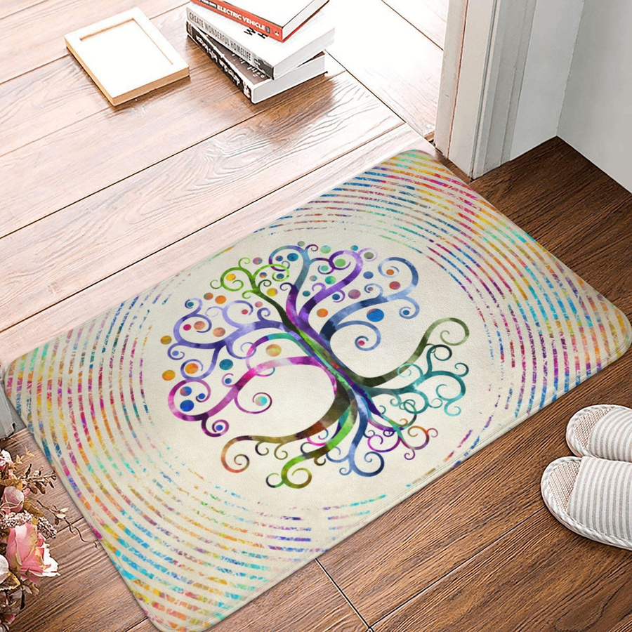 Flanell-Fußmatte Living Need F mit Nordischem Baum des Lebens und Wikinger-Runen-Design, Mehrfarbig, B/T: 60 x 40 cm - Bild 1