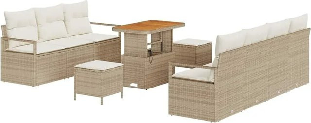vidaXL Garten-Sofa-Set aus Poly-Rattan und Akazienholz mit Kissen, 10-teilig, Beige-creme - Bild 1