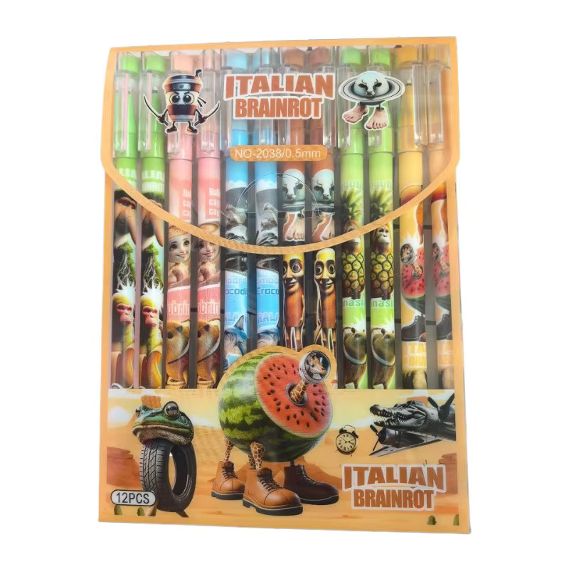 Tung Sahur 12er Set Cartoon Gelstifte aus Holz für Schüler und Studenten, Mehrfarbig mit schwarzer Tinte, einzeln verpackt - Bild 3