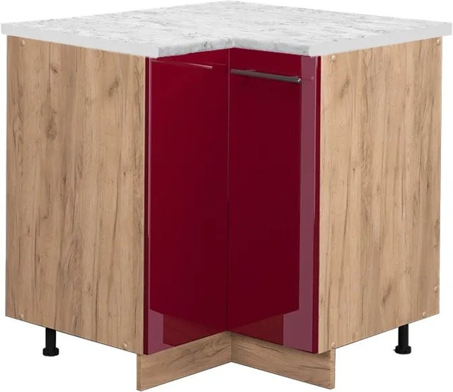 Vicco Eckunterschrank Fame-Line Bordeaux Hochglanz in Rot und Goldkraft Eiche mit Marmor-Optik, B/T/H: 80,5 x 60,0 x 82,0 cm - Bild 1