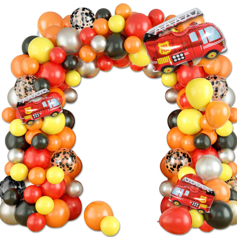 110-teiliges Ballonbogen-Set im Feuerwehrauto-Thema in Gelb, Orange, Rot und Schwarz inklusive großer Feuerwehrauto-Folienballons für Kindergeburtstage - Bild 2