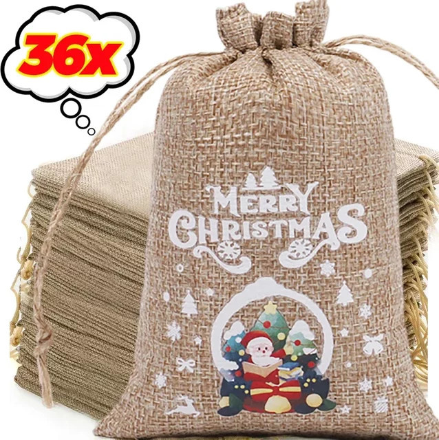 Weihnachtliche Leinen-Geschenktaschen mit Cartoon-Motiven von Weihnachtsmann und Schneemann in Beige als Kordelzug-Beutel für Süßigkeiten und Party-Verpackungen - Bild 1