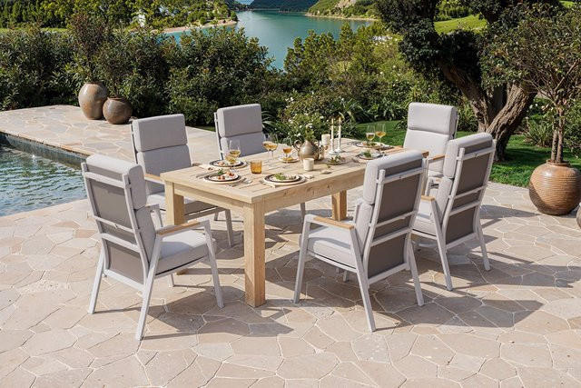 OUTFLEXX Zadar Garten-Essgruppe aus Teakholz und Aluminium mit 6 Sesseln in Natur/Grau, B/T: 200 x 100 cm - Bild 1