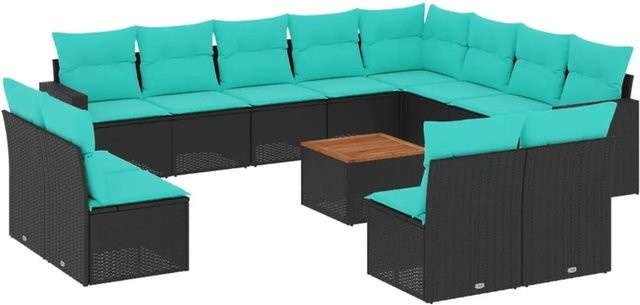 vidaXL 13-teilige Garten-Sofagarnitur in L-Form aus Polyrattan und Akazienholz mit Kissen in Schwarz und Blau - Bild 1
