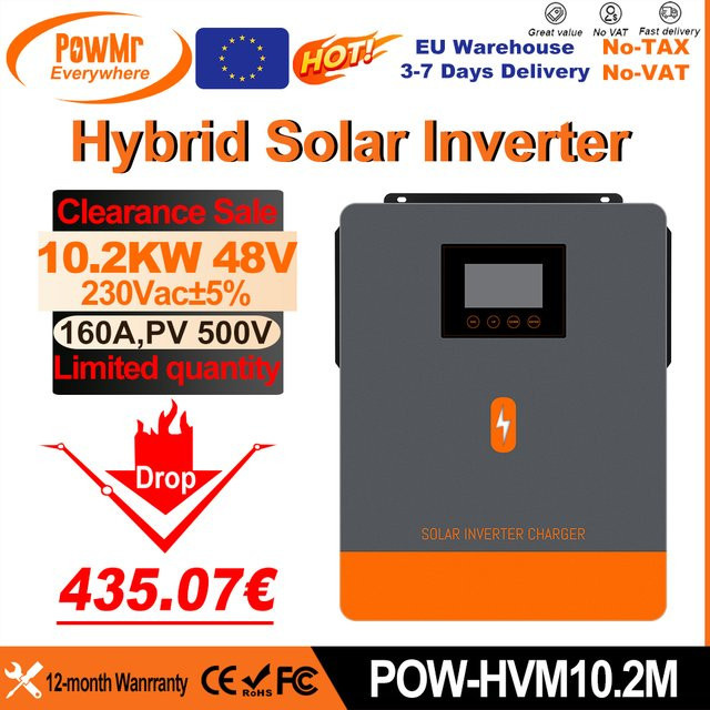 PowMr Hybrid-Solarwechselrichter 10,2 kW, 48 V, 230 V AC, mit zwei MPPT 160 A für 500 V Solarmodule und LiFePO4-Batterie, Grau - Bild 1