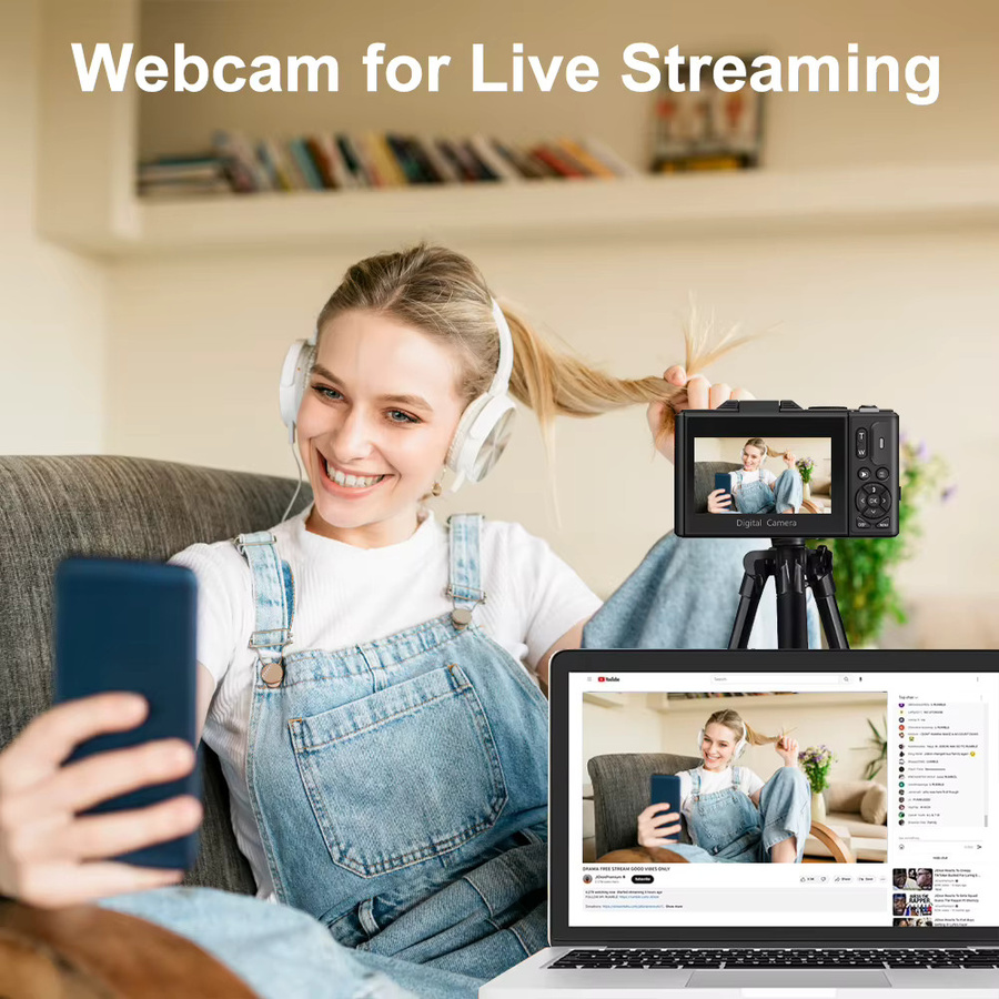 Ourlife 5K Kompakte Digitalkamera mit 18-fachem Digitalzoom und 180 Grad Flip-Screen für Vlogs und Reisen in Schwarz oder Weiß - Bild 4