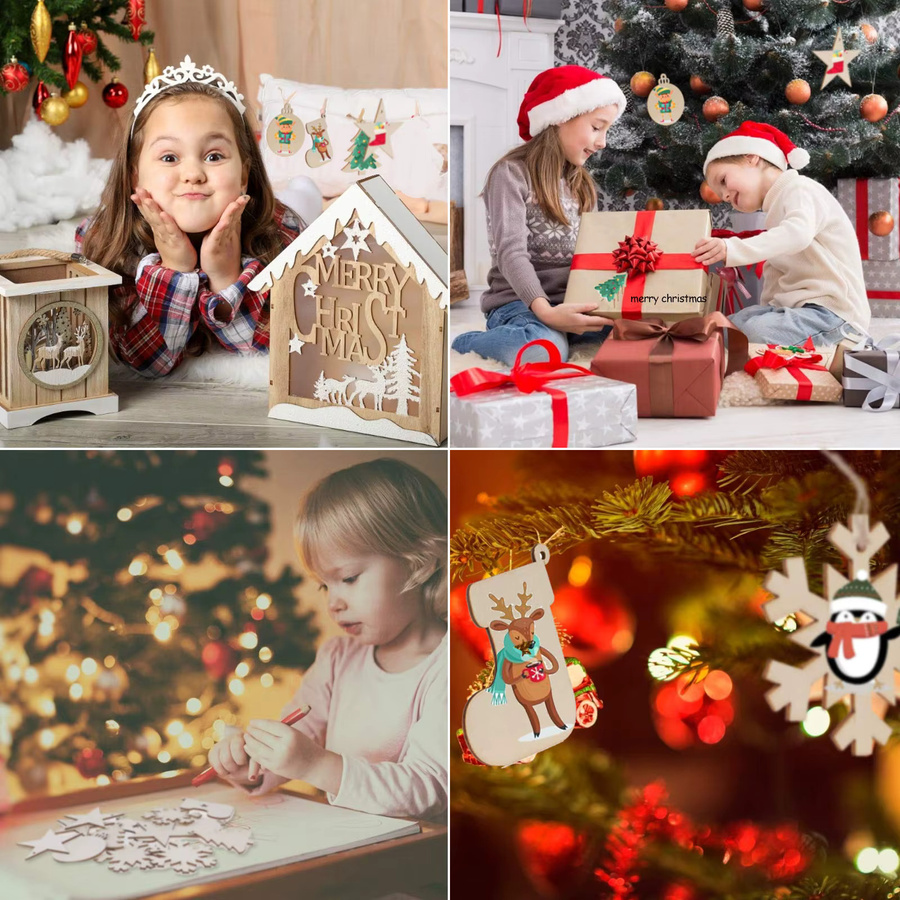 50-teiliges Weihnachtsbaumschmuck-Set aus Holz mit Schneeflocken und runden Holzscheiben zur Aufhängung - Bild 3
