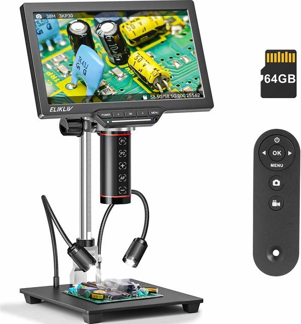 Elikliv EM3K-AF Digitalmikroskop 3K mit 10,1 Zoll Autofokus und HDMI-Anschluss für Elektronik-Reparatur in Schwarz inklusive 10-Zoll-Ständer - Bild 1