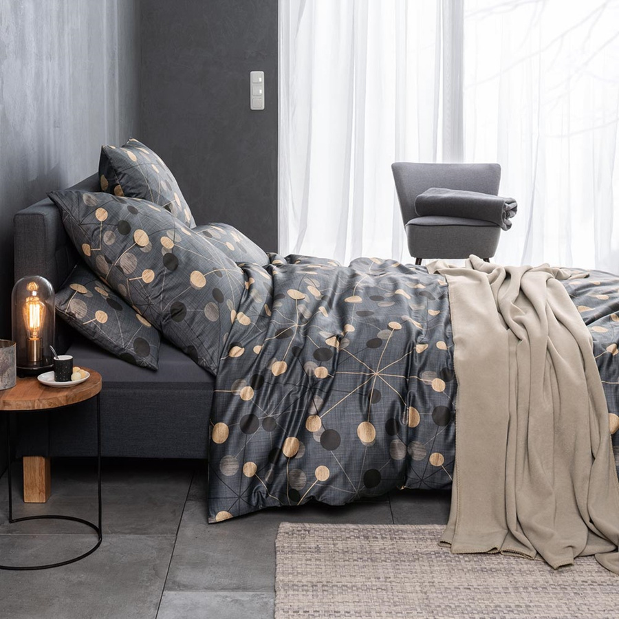 Estella Mako-Satin Bettwäsche Noah mit Punktemuster in Graphit, Schwarz und Beige, B/H: 135 x 200 cm und 80 x 80 cm - Bild 1