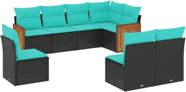 vidaXL 8-tlg. Gartensofa-Set in U-Form mit Kissen, Schwarz und Blau, Polyrattan mit Metallrahmen und UV-beständigen Polsterbezügen - Bild 1