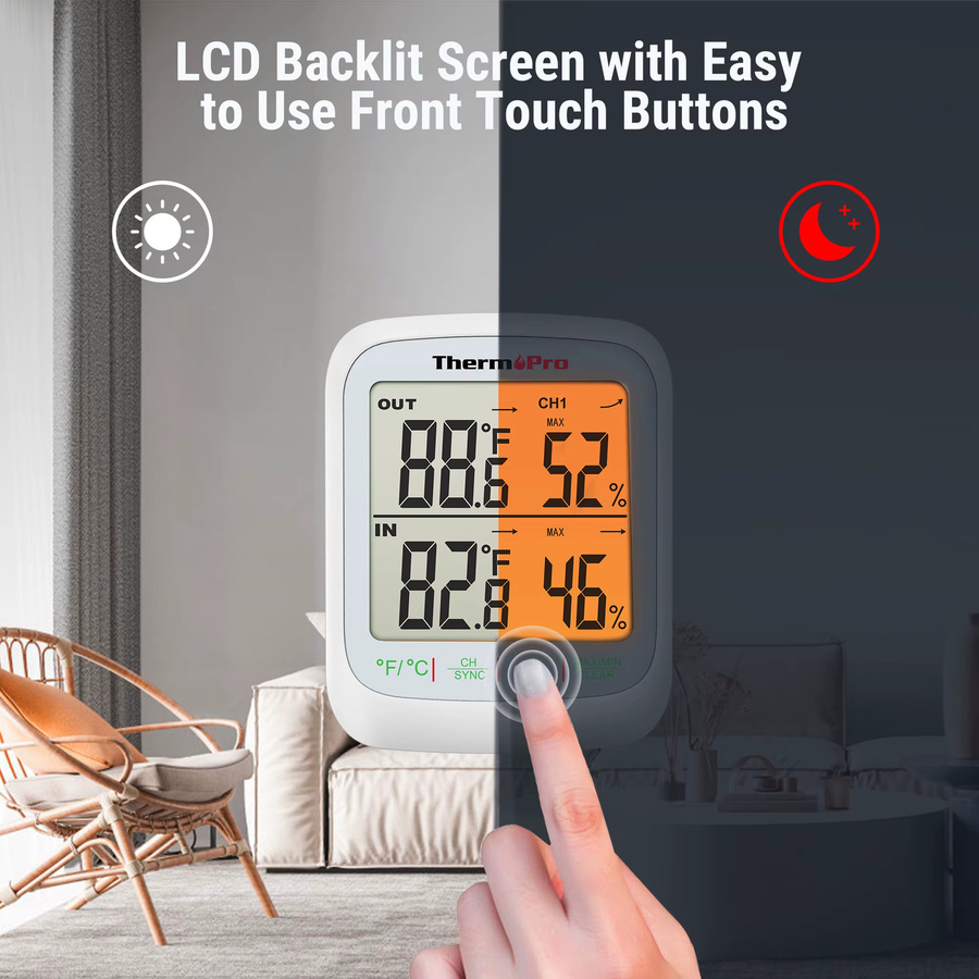 ThermoPro TP260B Kabelloser Digitaler Innen- und Außentemperatur- sowie Luftfeuchtigkeitsmonitor mit Hintergrundbeleuchtung in Weiß - Bild 4