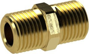 Riegler Doppelgewindenippel aus Messing in Gold, R 1/4 a. und R 1/2 a., SW 22 - Bild 1