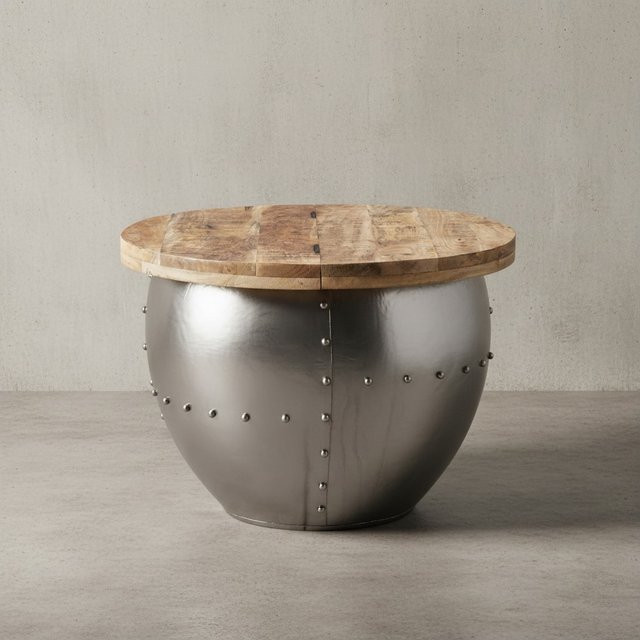 KADIMA DESIGN Couchtisch SERCHIO rund im Industrial-Stil aus Massivholz Mango und Metall, Durchmesser: 60 cm, Höhe: 43 cm - Bild 1