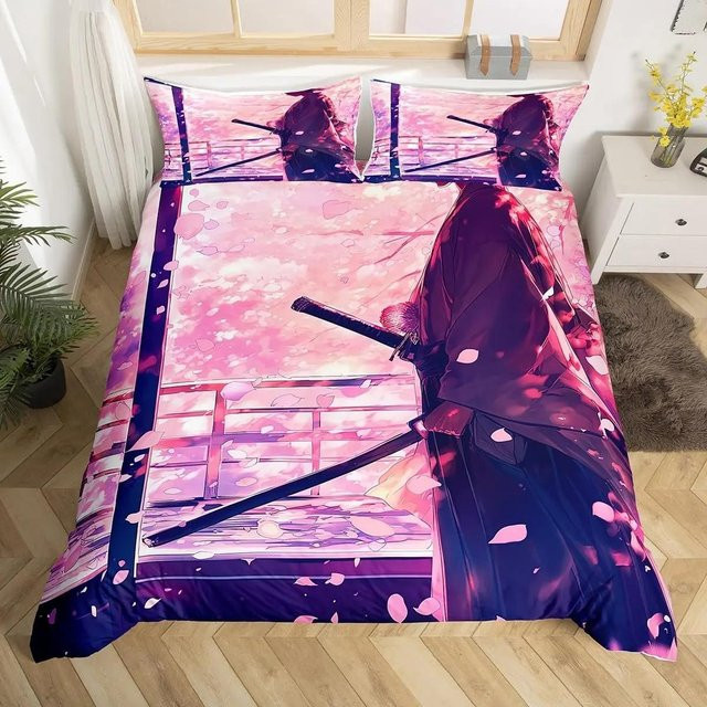 Japanisches Samurai Bettwäscheset mit Kirschblüten, Roter Sonne und Fuji Berg, B/H: 135 x 200 cm, Farben: Rot und Pink - Bild 1