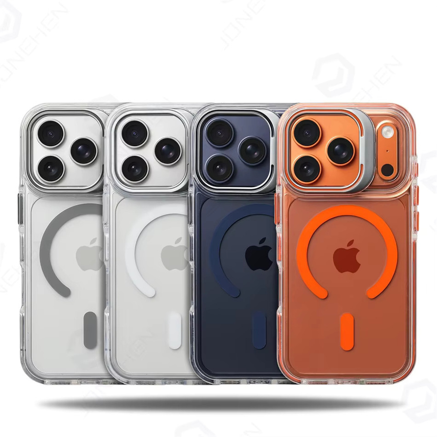 MagSafe Magnetische Klare Schutzhülle mit integriertem Standhalter aus Legierung für iPhone 14 Pro, 15, 16 und 17 Pro Max in Transparent oder Blau - Bild 1