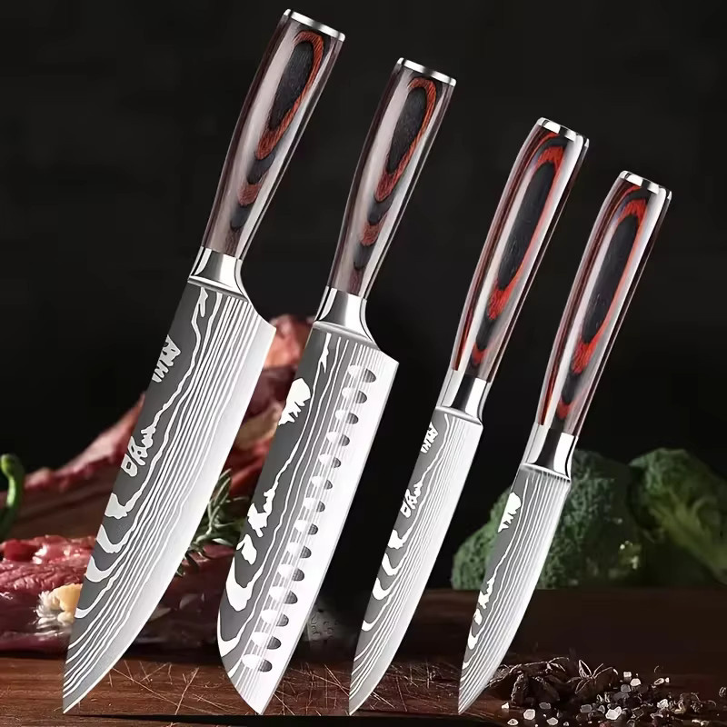 DFITO 4-teiliges Küchenmesser-Set aus Edelstahl in Silber, ultrascharfe japanische Profi-Messer mit Damaszener-Muster inklusive Santoku-Messer - Bild 2