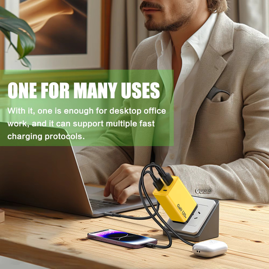 120 W GaN USB-C Schnellladegerät mit 4 Ports, gelber Wandadapter mit Quick Charge 3.0 für iPhone, Samsung und Xiaomi - Bild 2
