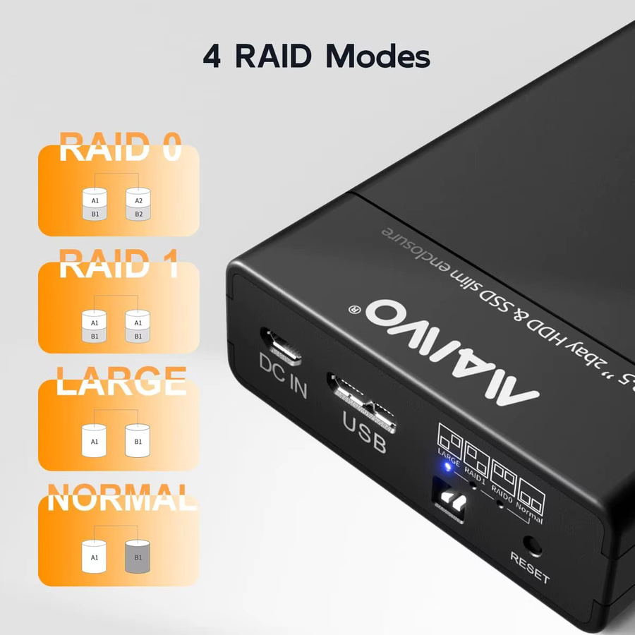 MAIWO Dual Bay RAID-Festplattengehäuse mit USB 3.0 für 2,5-Zoll-SATA-SSD/HDD, unterstützt UASP und 4 RAID-Modi, Schwarz - Bild 4