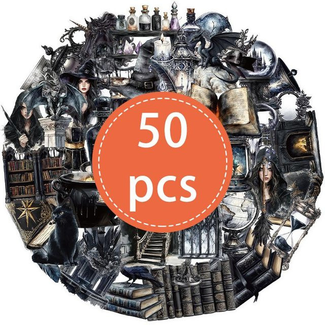 50 Stück Magische Hexen-Sticker von Fashnics, Transparentes PET Set mit Gotischen Planeten für Scrapbooking, Laptop und Handy, Mehrfarbig - Bild 1