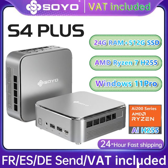 SOYO S4 PLUS Mini PC mit AMD Ryzen 7, 24GB LPDDR5 RAM, 512GB PCIe 3.0 NVMe SSD, WiFi 6 und Bluetooth 5.2 in Silber - Bild 1