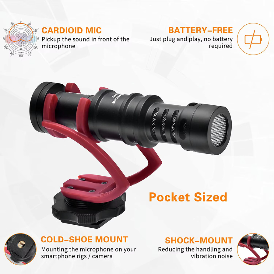 Comica CVM-VM10II Professionelles Shotgun-Mikrofon in Schwarz für iPhone, DSLR-Kameras und Android-Smartphones mit Stoßdämpferhalterung - Bild 3