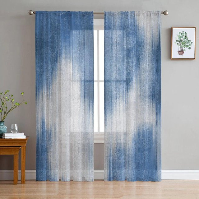 Transparenter Tüllvorhang mit abstraktem modernem Linienmuster in Blau von A Family Of Home Textiles, Breite: 135 cm, Höhe: 160 cm - Bild 1