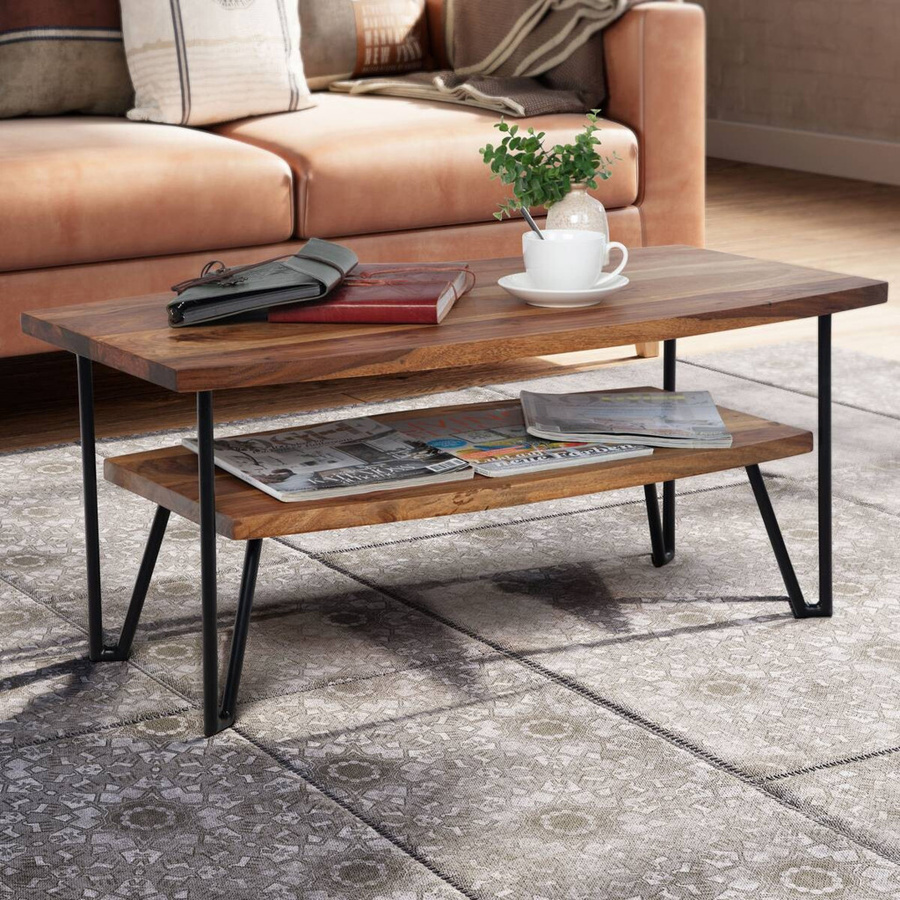 Couchtisch Wohnling aus Sheesham Massivholz und Eisen im Industrial-Style, Braun/Schwarz, B/H/T: 90 x 40 x 50 cm - Bild 5