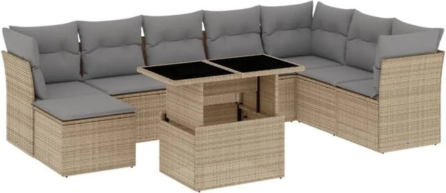 vidaXL 9-teilige Garten-Sofagarnitur aus Poly-Rattan mit Kissen in Beige-grau - Bild 1