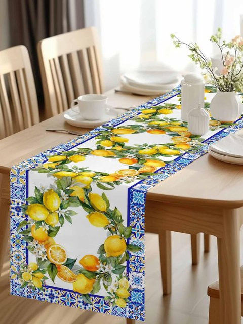 Tischläufer aus Leinen von JMG Household Supplies mit Sommer Zitronenblüten Aquarell-Druck in Gelb, Blau und Weiß, B/H: 150 x 33 cm - Bild 1