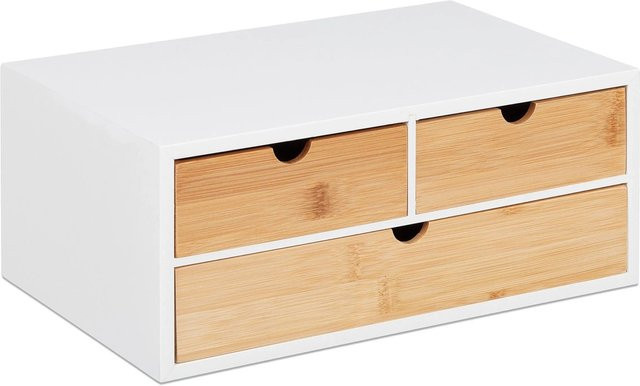 Relaxdays Schreibtisch Organizer aus Bambus und MDF mit 3 Schubladen in Weiß und Natur, B/T/H: 33 x 14 x 21 cm - Bild 1