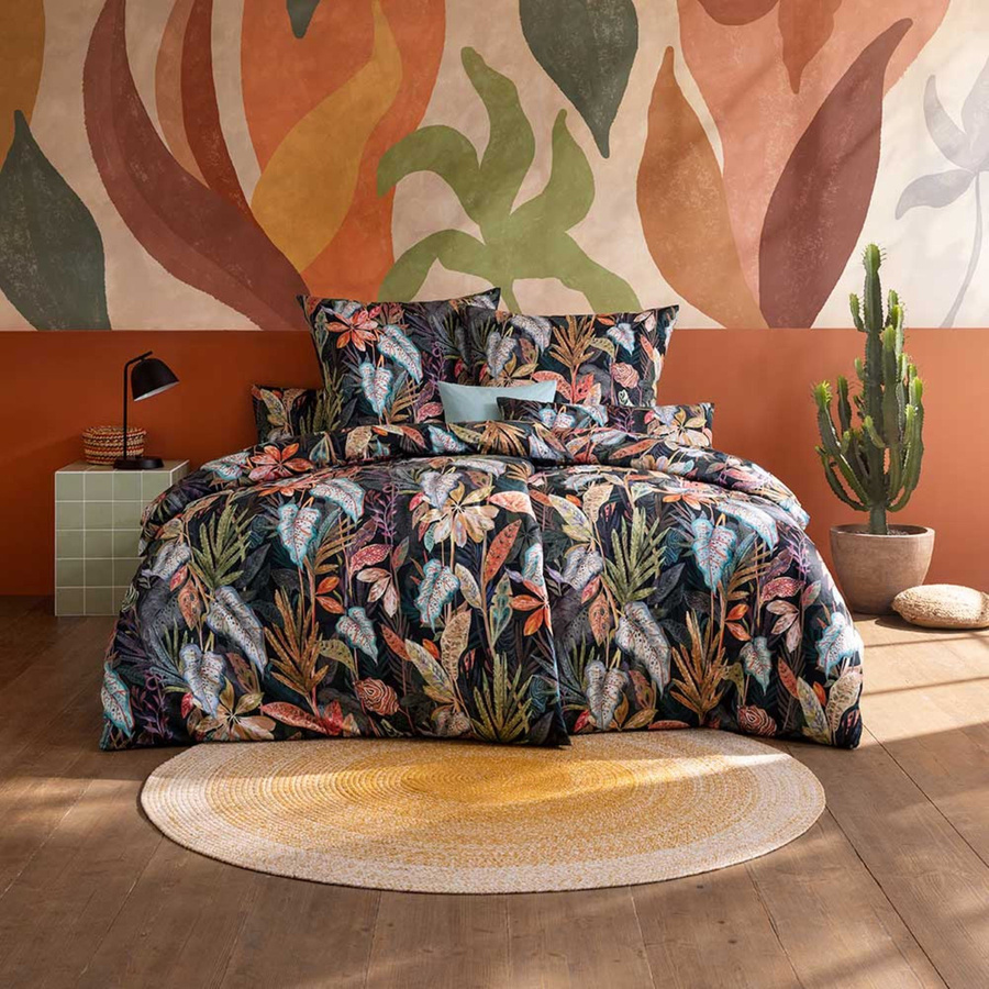 Estella Mako-Satin Bettwäsche Juliane Schwarz mit buntem Blattmuster, Bettbezug und Kissenbezug, B/H: 200 x 200 cm, Kissen: 80 x 80 cm - Bild 1